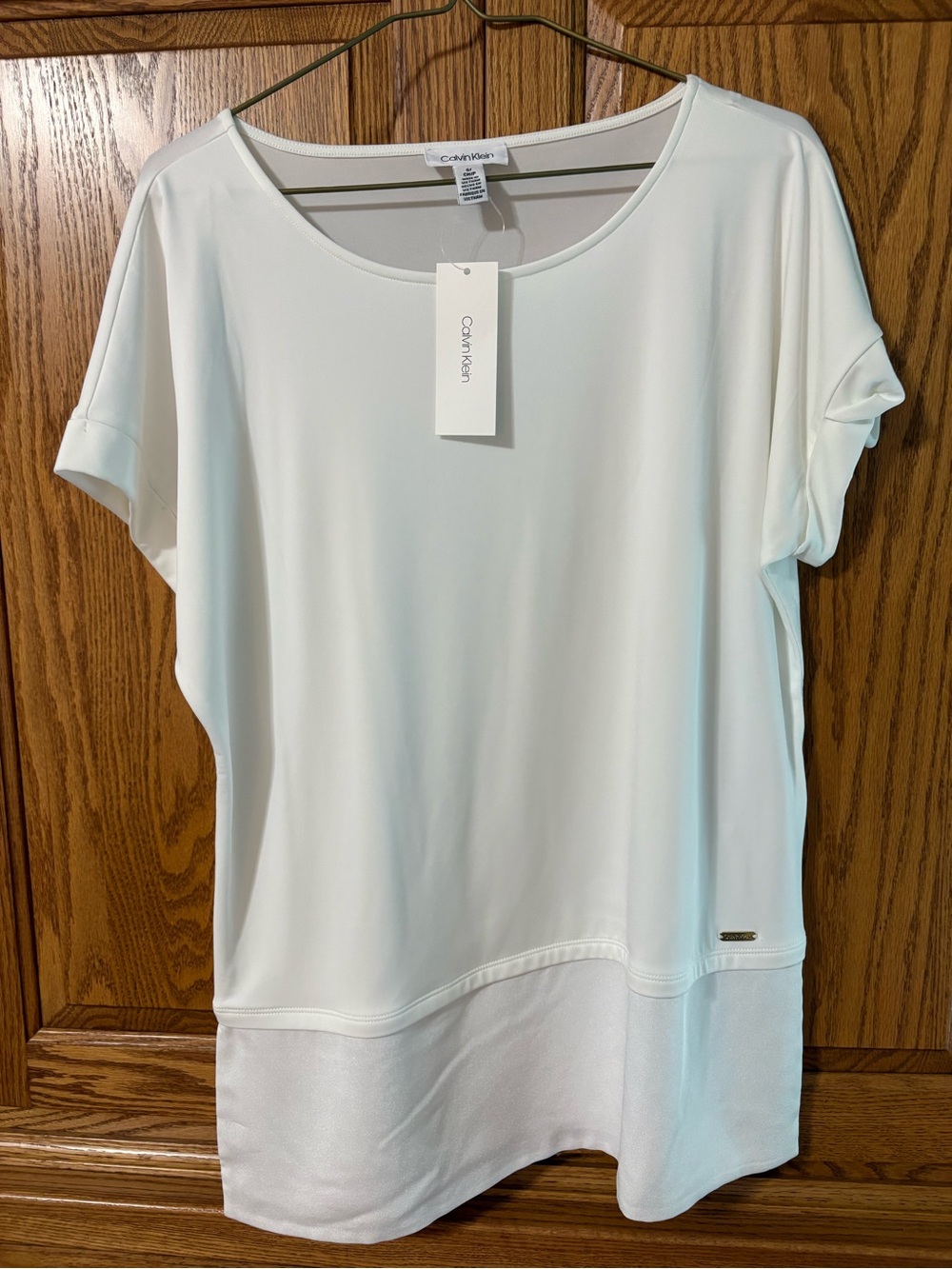 Calvin Klein White Short Sleeve Scoop-Neck Knit Top with Sheer Bottom